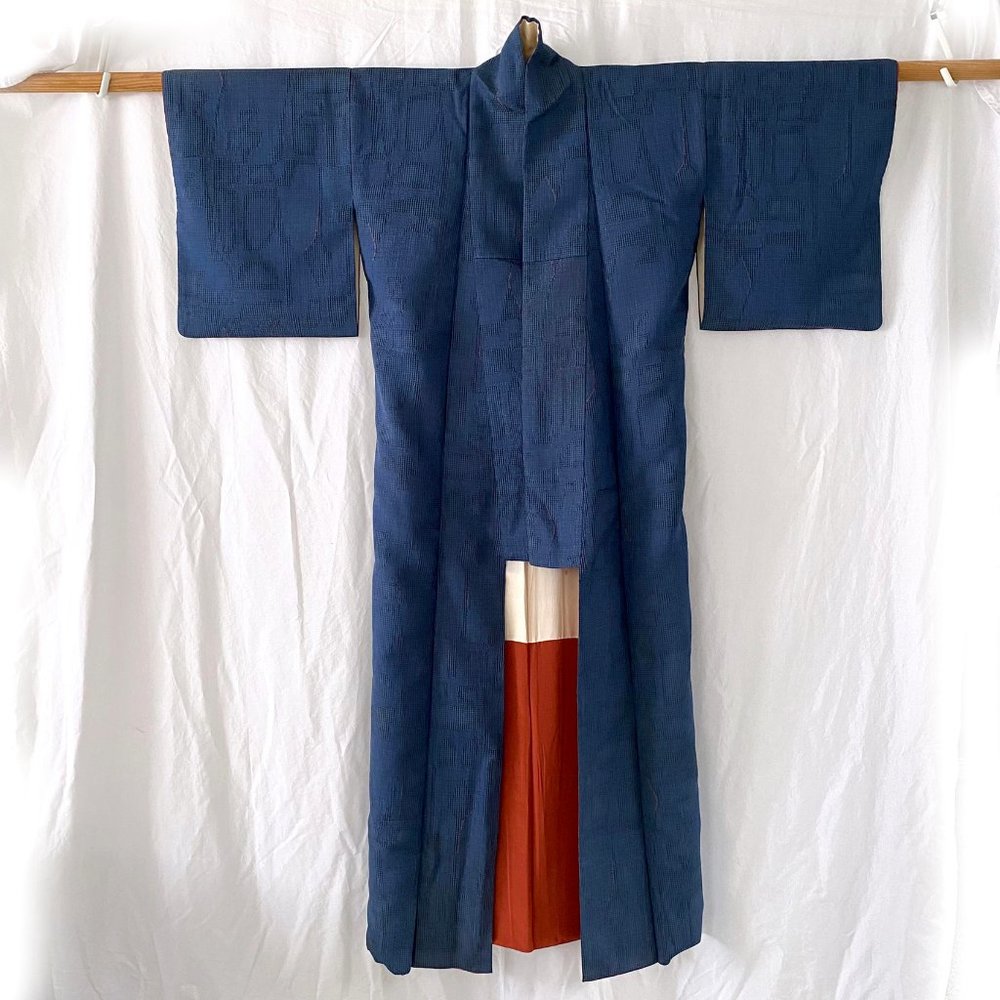 Vintage Japanese Blue Mid-Century Tweed Kimono - Orange & Abstract Leaf Pattern
